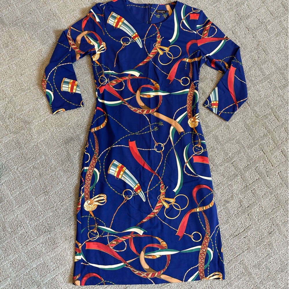 Navy Print J. McLaughlin Dress Sz XS, 3/4 sleeve